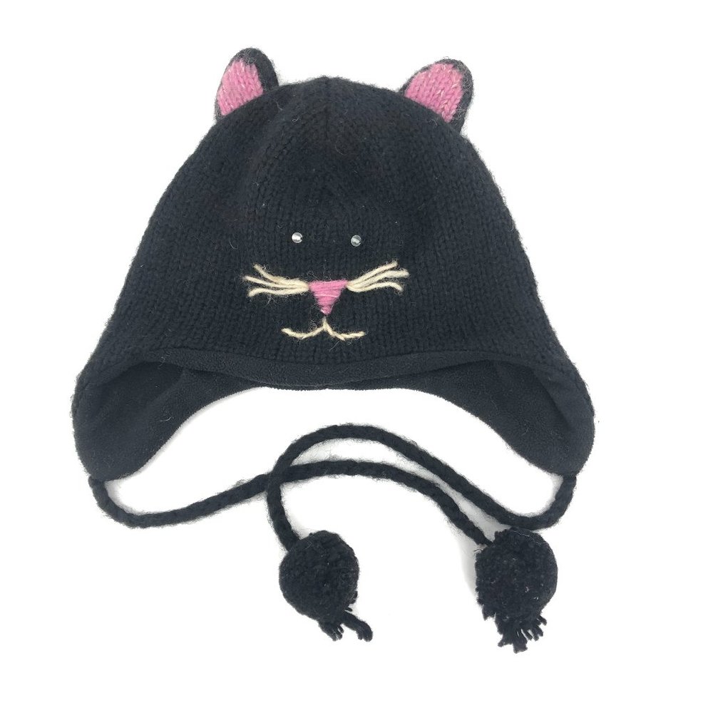 Black knitted kitten hat with pink ears &Earflaps
